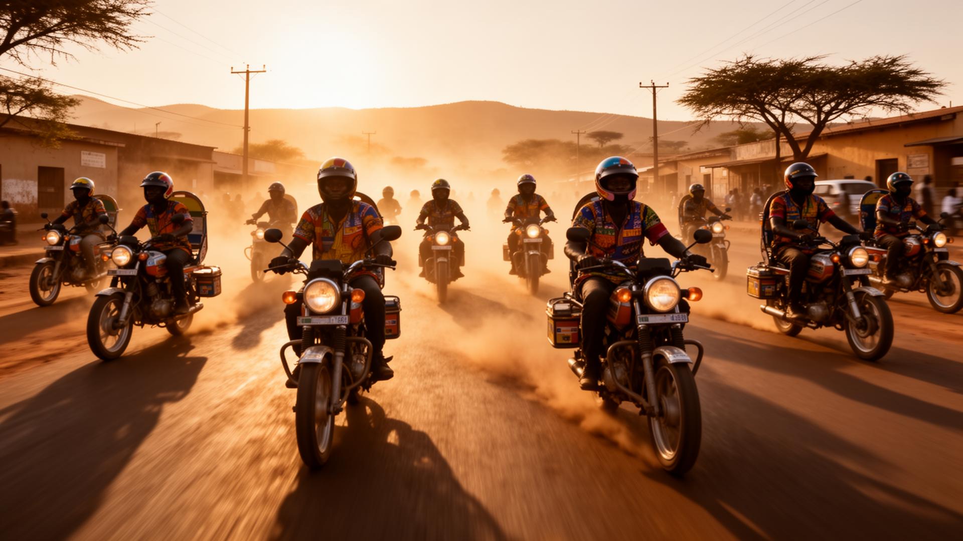 Bodaboda riders in Dodoma at golden hour